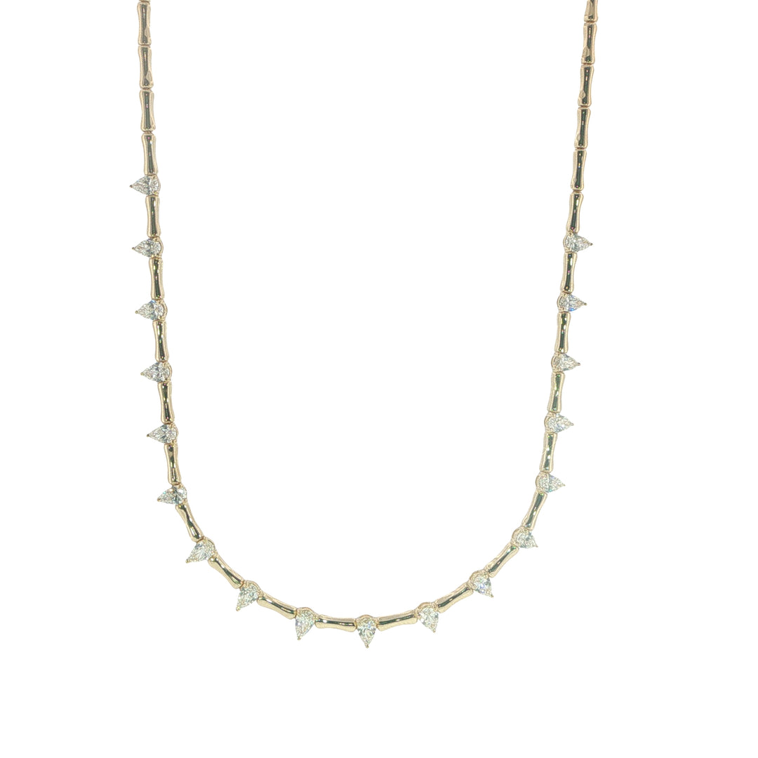14K Yellow Gold Necklace With Pear Shaped Diamond Stations - 16"