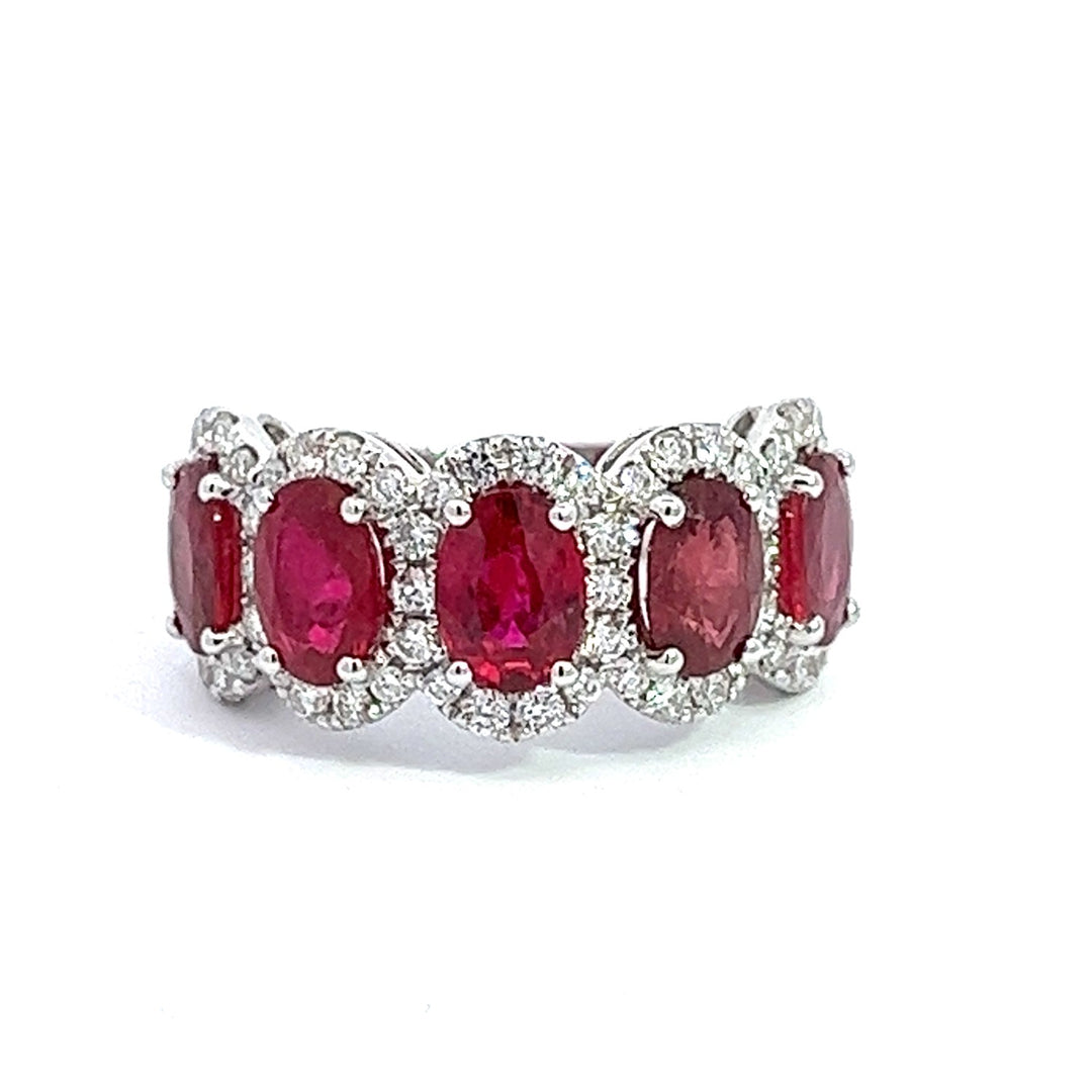 White Gold Ring With 5 Oval Rubies And Diamond Halos - Size 6.5