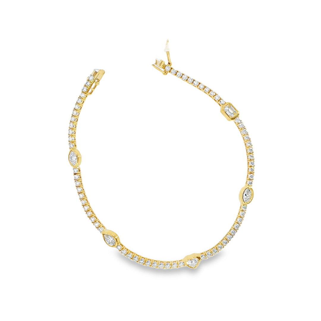 18K Yellow Gold Diamond Bracelet With 5 Fancy Shaped Bezel Set Diamonds - 7"