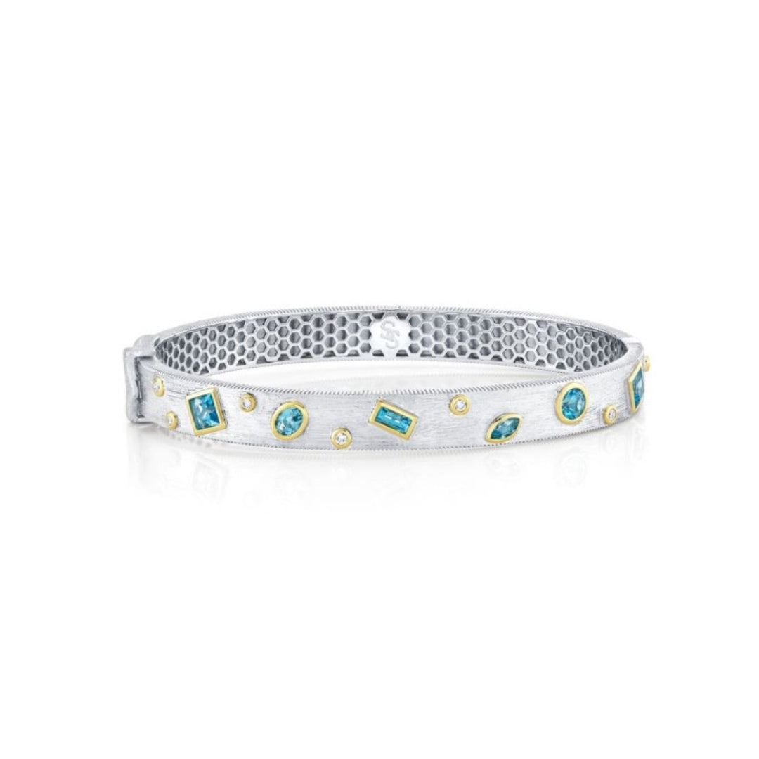 Sterling Silver Mix Shape Gypsy Bracelet With Swiss Blue Topaz And Diamonds
