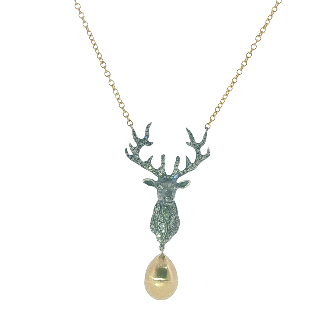 Oxidized Silver Deer Pendant With Gold Drop - 19"
