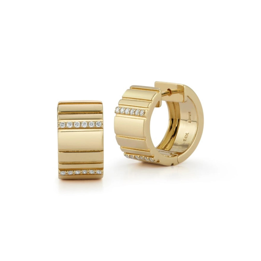 Yellow Gold Huggie Earrings With Two Rows Of Round Diamonds