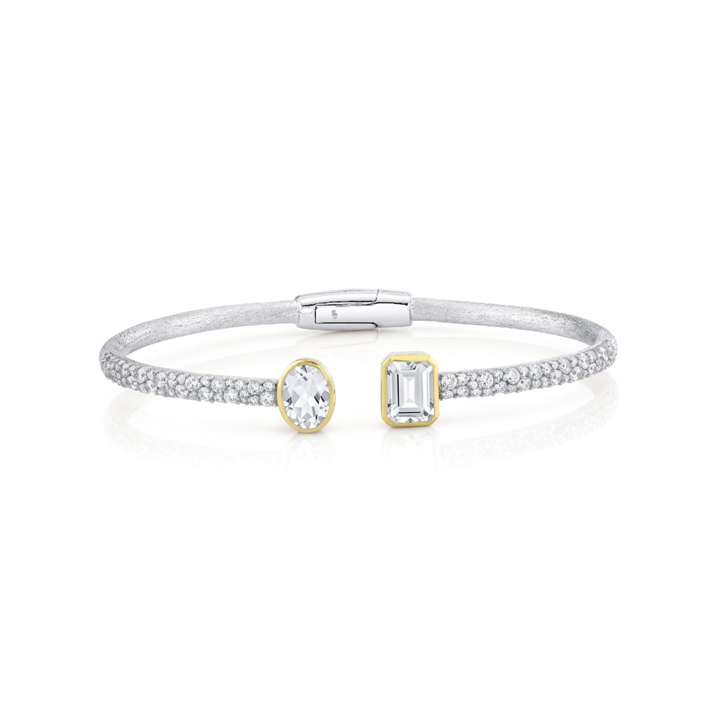 Sterling Silver Bracelet With Pave White Topaz And Emerald And Oval Cut White Topaz Accents