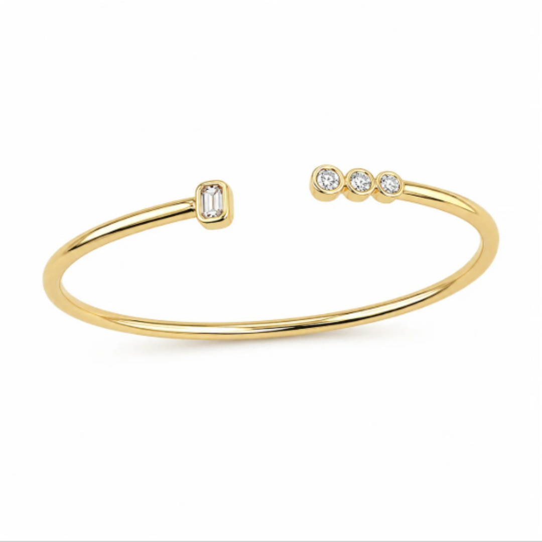 14K Yellow Gold Bezel Set Emerald And Round Diamond Flexible Open Bangle