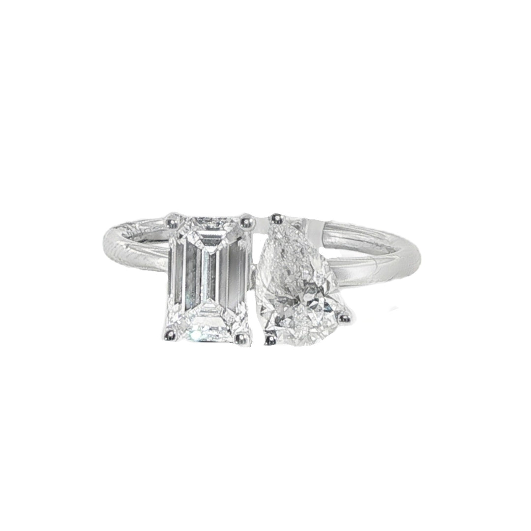 14K White Gold Two Stone Ring With 1 Emerald Cut and 1 Pear Cut Diamond - Size 6