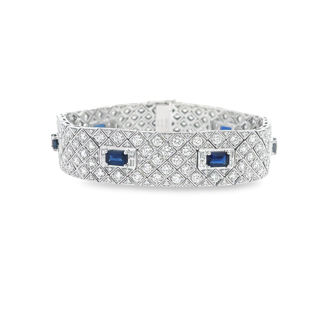 18K White Gold Wide Diamond Tennis Bracelet With 6 Emerald Cut Blue Sapphire Accents