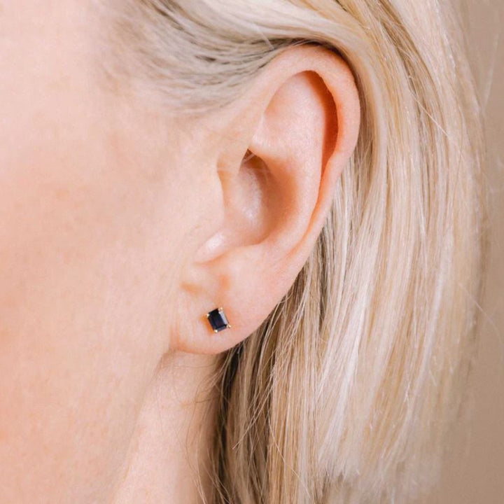 14K Emerald Cut Blue Sapphire Studs