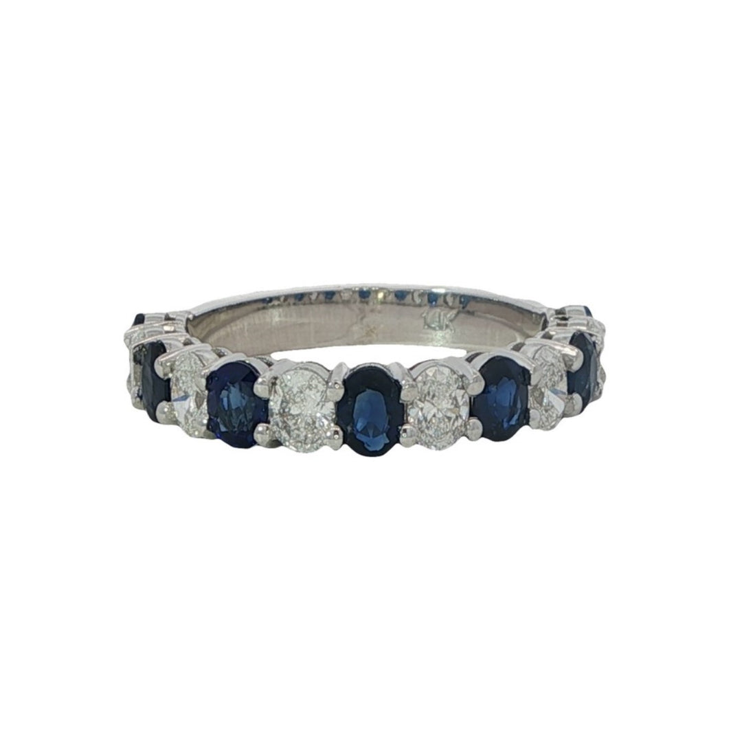 White Gold Ring With Alternating Oval Diamonds and Oval Sapphires - Size 7