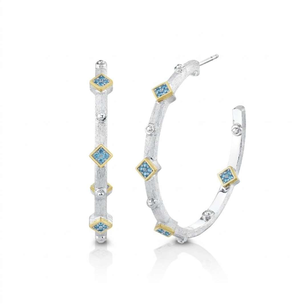 40MM Sterling Silver Bolt Hoops With Gold Bezel Set Swiss Blue Topaz Cushions
