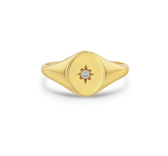14K Yellow Gold Classic Oval Signet Ring With Star Set Diamond - Size 6