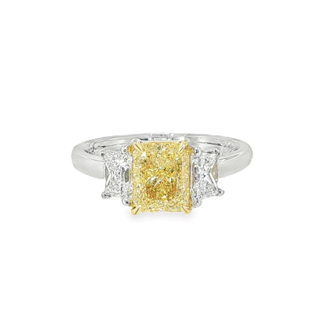 Platinum Three Stone Ring With A Cushion Cut Yellow Diamond Center Stone - Size 6.5