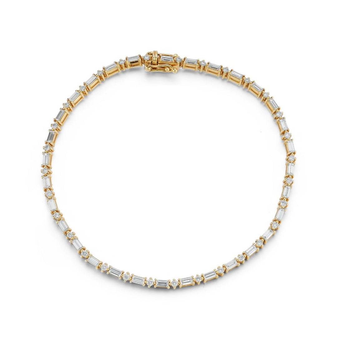 14K Yellow Gold Alternating Round And Baguette Diamond Tennis Bracelet - 7"