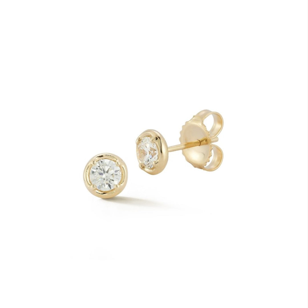 14K Yellow Gold Round Diamond Flat Rim Bezel Earrings