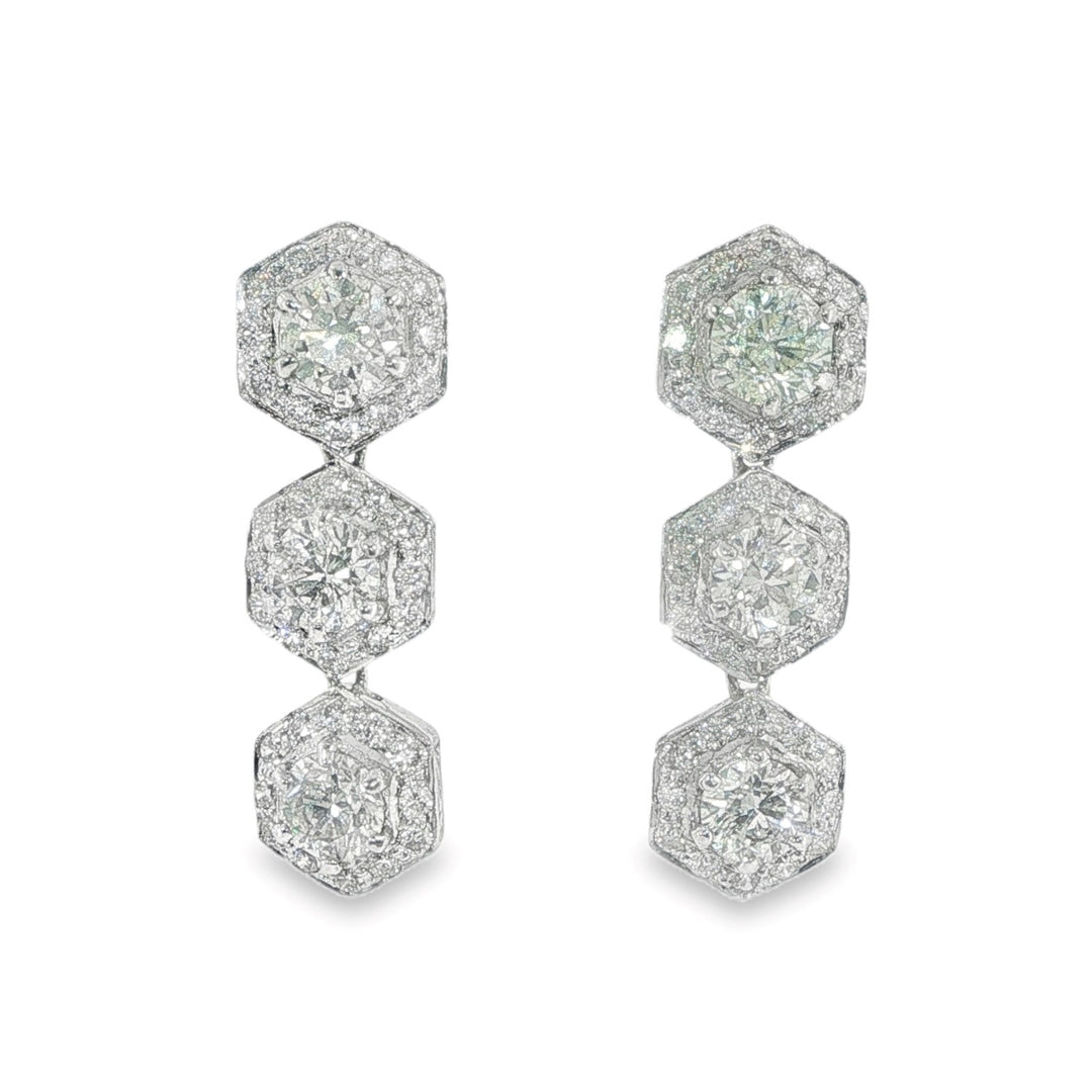 18K White Gold Diamond Hexagon Drop Earrings