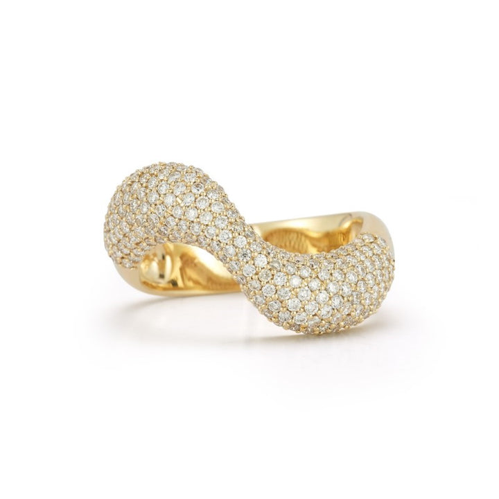 14K Yellow Gold Double Wave Ring Featuring Pave Set Diamonds