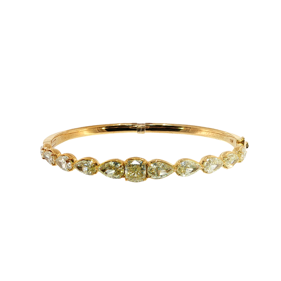 18K Yellow Gold Bangle With Fancy Yellow Pear Cut Diamonds And One Cushion Cut Center Stone - 7"