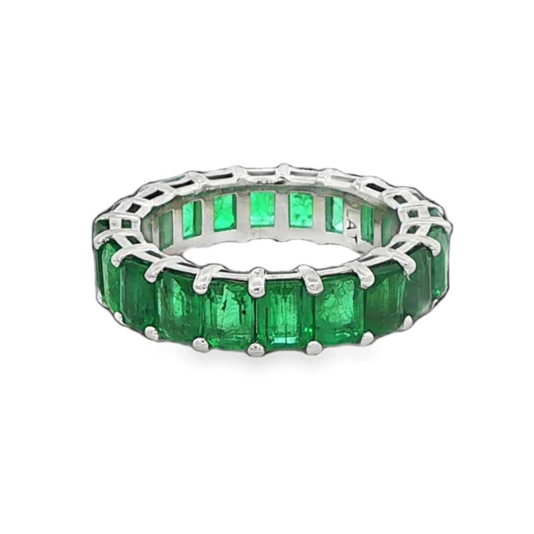 Platinum Eternity Band With Emerald Cut Emeralds - Size 4.5