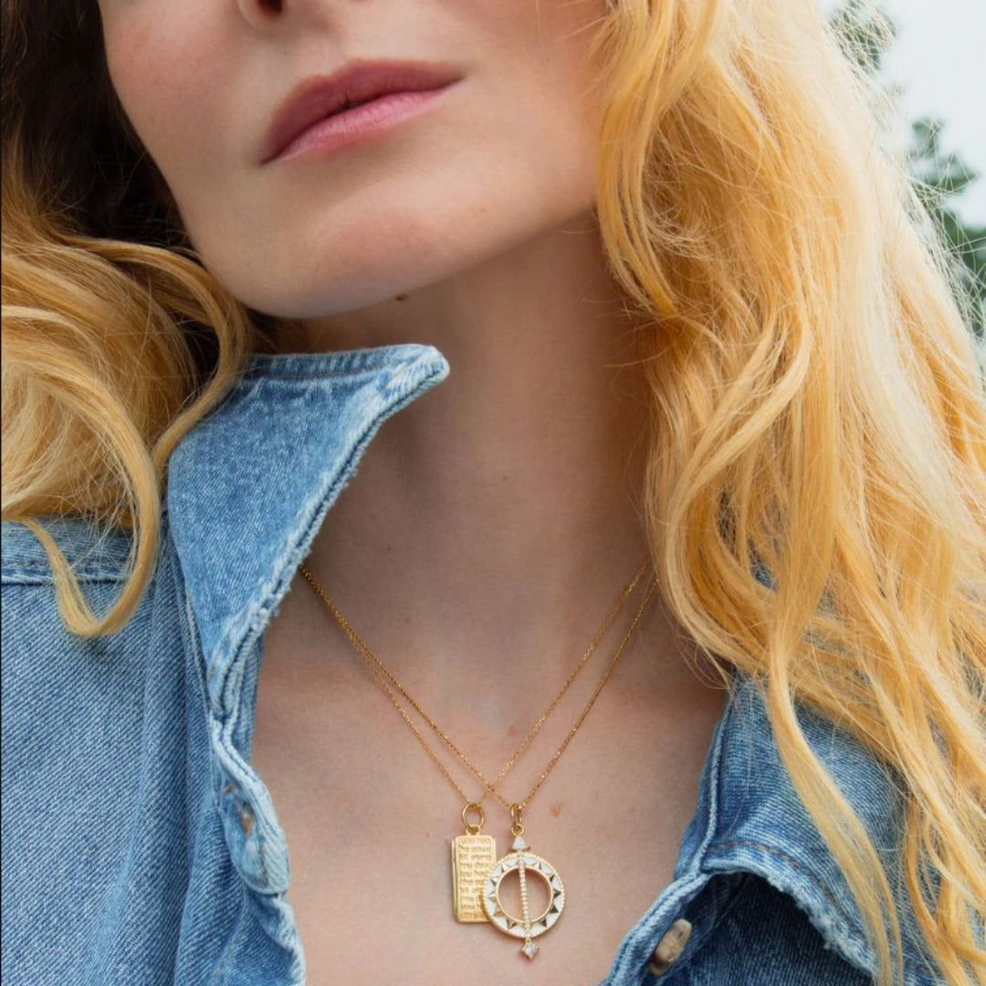 Large Sundial Charm With White Enamel And White Diamonds On A 18" Ball Chain
