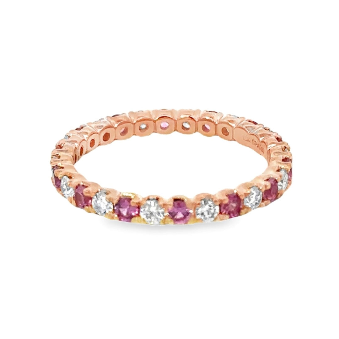 18K Rose Gold Pink Sapphire And Diamond Eternity Stack Ring - Size 7