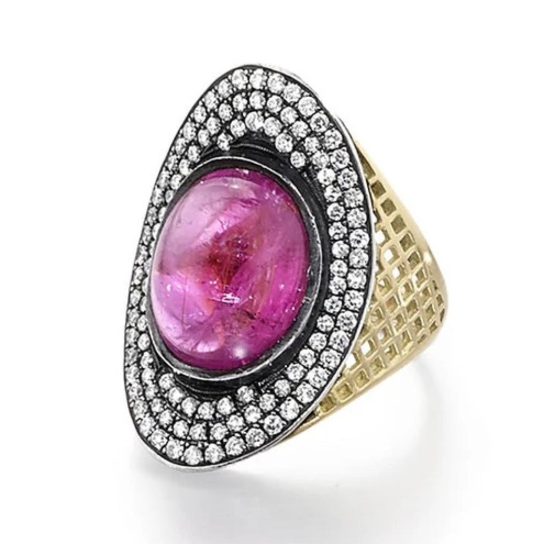 18K Yellow Gold Crownwork Regency Ring With Cabochon Pink Tourmaline And Diamonds