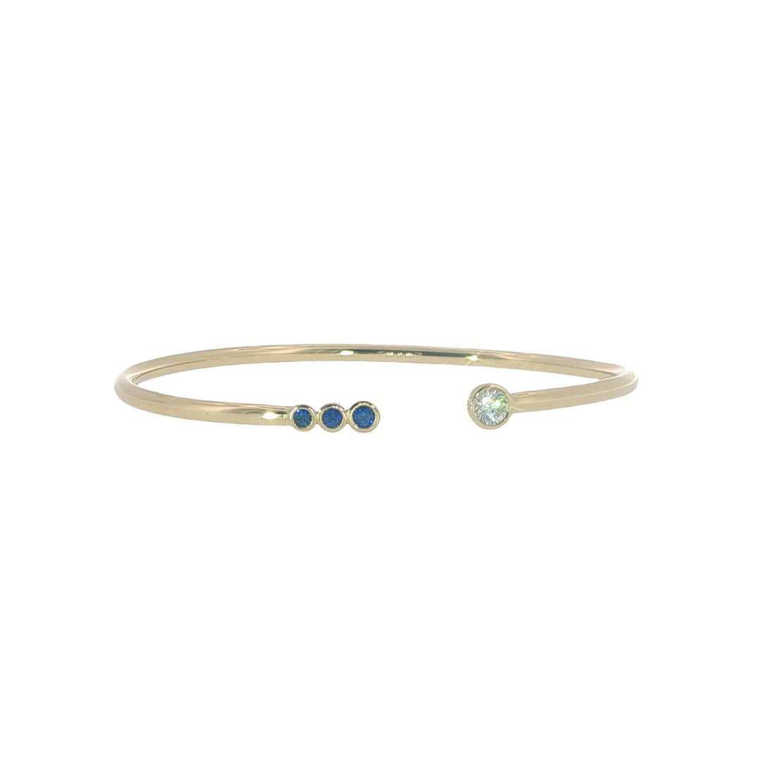 14K Yellow Gold Flexible Open Bangle With Diamonds And Blue Sapphires