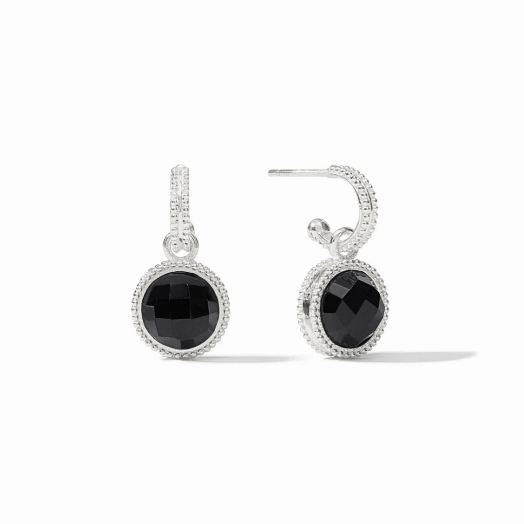 Silver Fleur-de-Lis Hoop & Charm Earrings In Obsidian Black