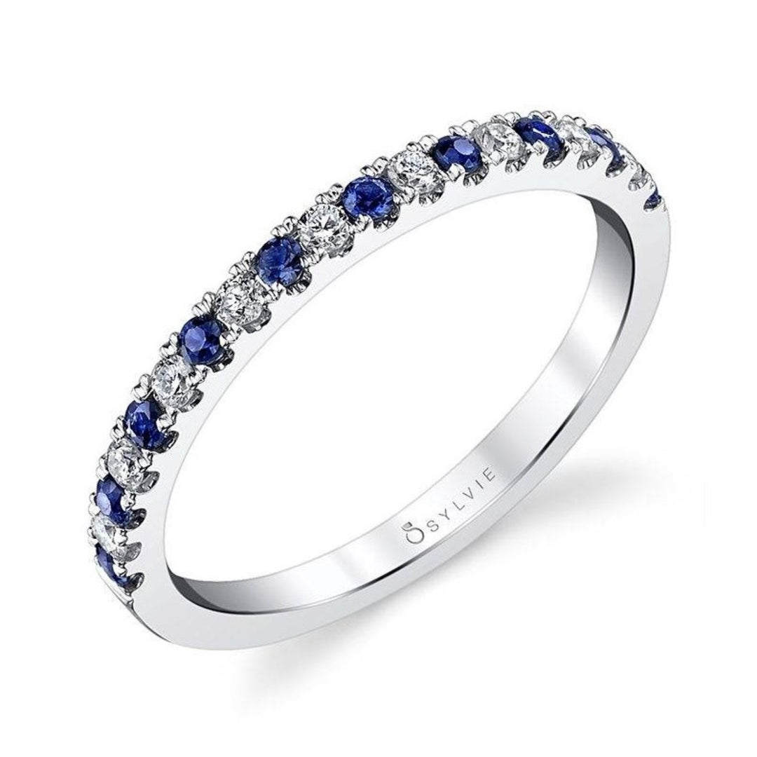 14K White Gold Band With Blue Sapphires And Diamonds Halfway Around - Size 6.5