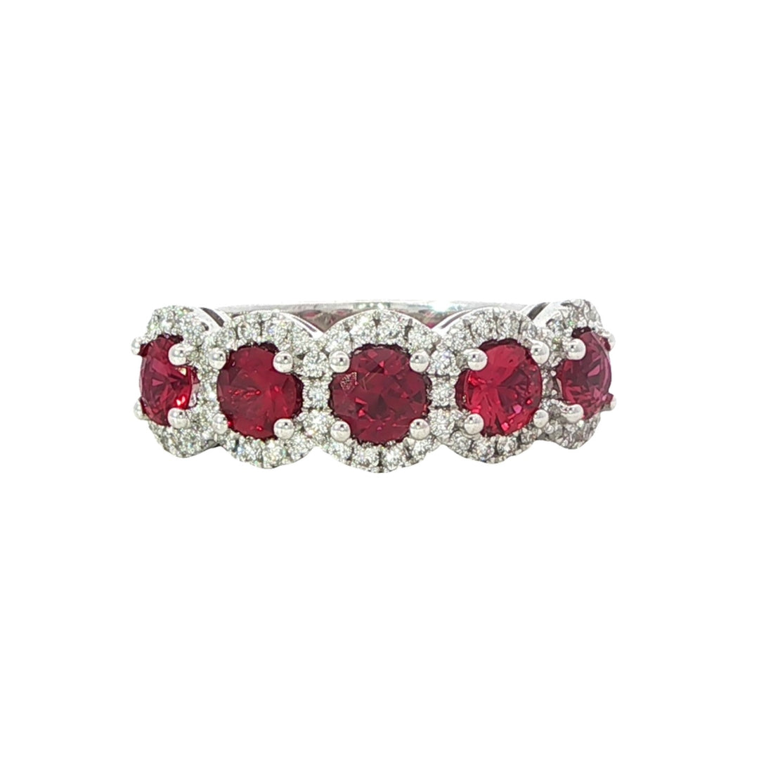 White Gold Ring With 5 Rubies Framed By Pave Set Round Diamonds - Size 6.5