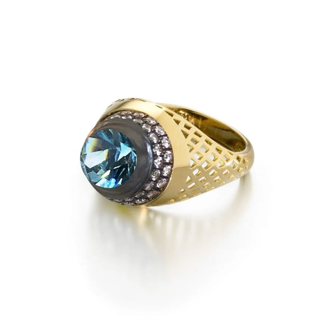 18K Yellow Gold Crownwork Pinky Ring With Blue Cambodian Zircon And Diamonds