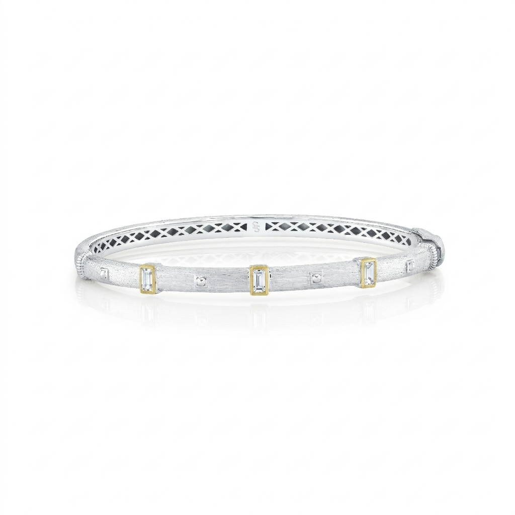 Sterling Silver Bolt Bracelet With Gold Bezel Set White Topaz Baguettes - 6.5"