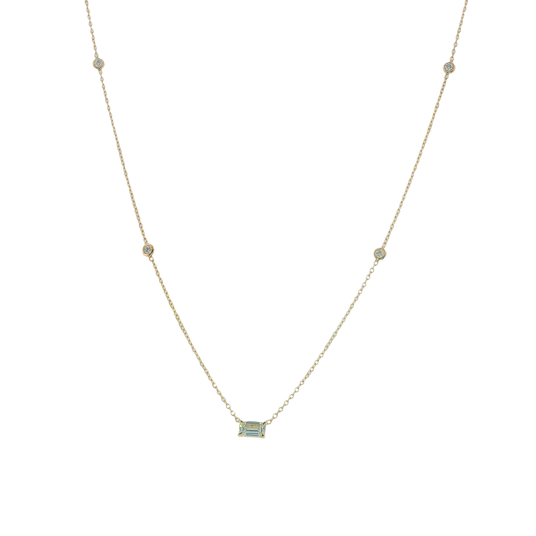 14K Yellow Gold Emerald Cut Diamond Pendant With Floating Round Diamonds - 18"