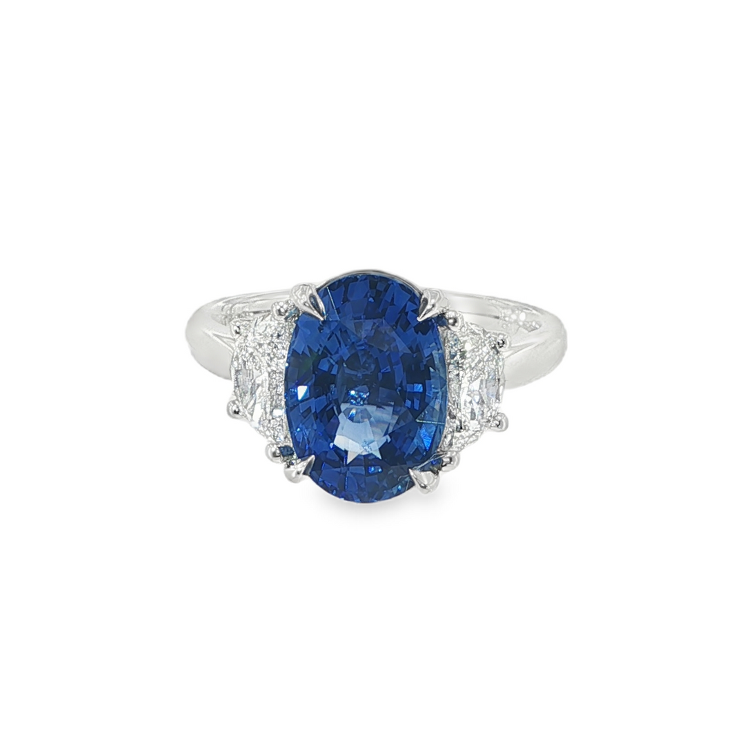 Platinum Three Stone Ring With Oval Blue Sapphire Center Stone - Size 6.25