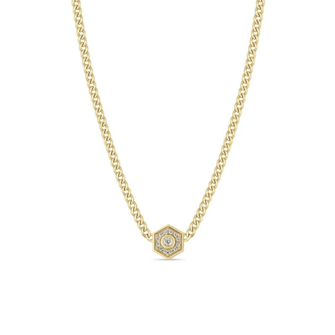 14K Hexagon Halo Necklace With Diamonds
