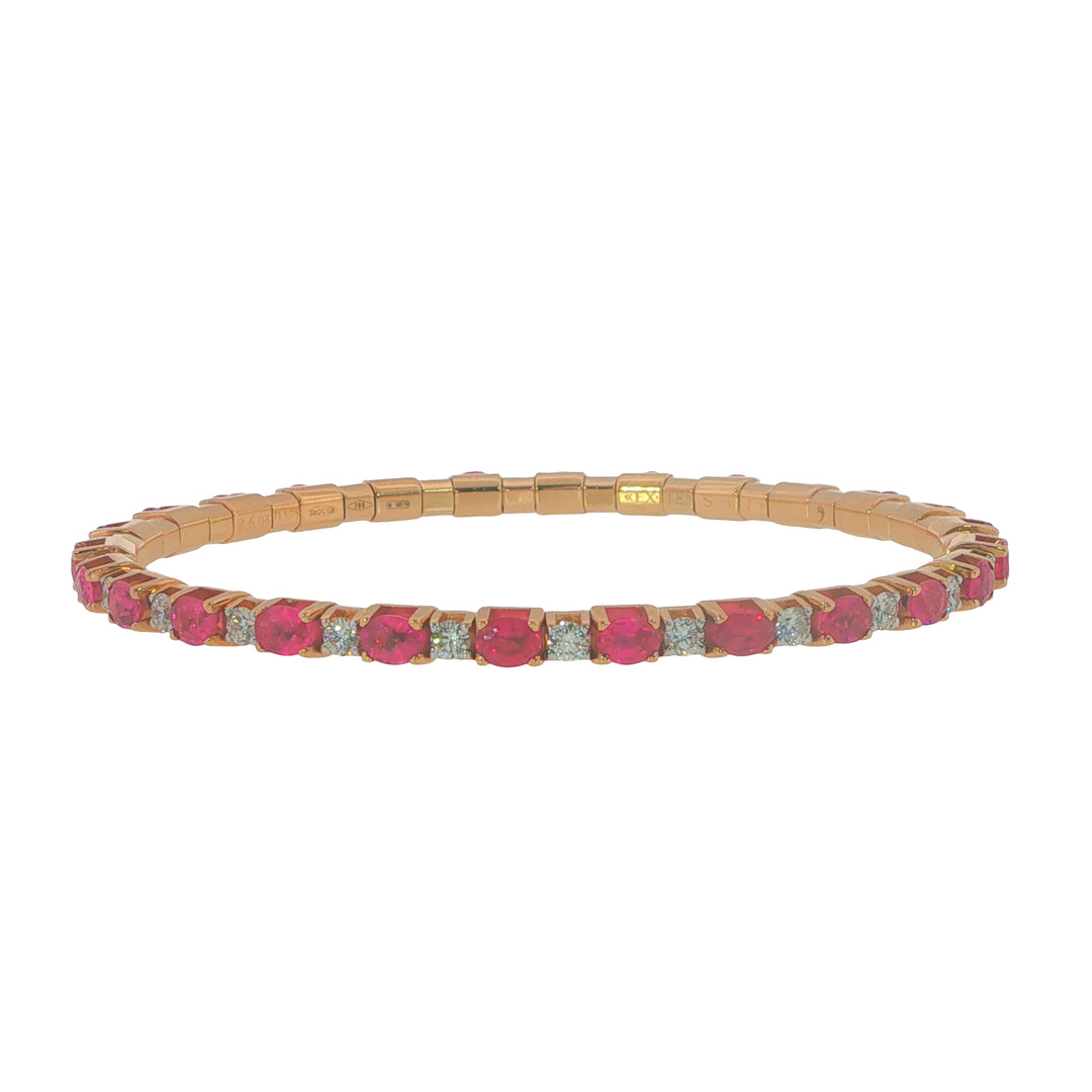 18K Rose Gold Stretch Bracelet With Oval Cut Rubies And Round Diamonds