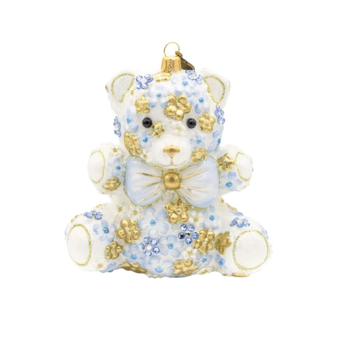 Blue Floral Teddy Glass Ornament