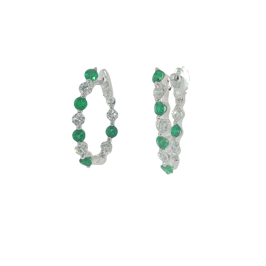 18K White Gold Single Shared Prong Set Hoops With Diamonds And Emeralds