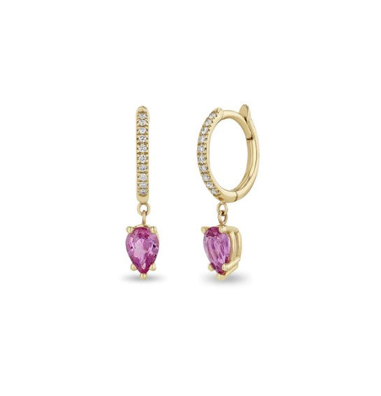 14K Yellow Gold Small Diamond Huggies With Pear Cut Pink Sapphire Drops