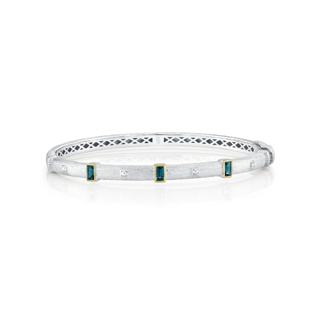 Sterling Silver Bolt Bracelet With Gold Bezel Set London Blue Topaz Baguettes - 6.5"
