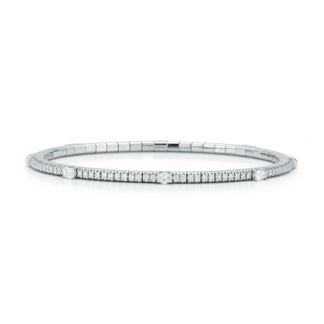 18K White Gold Round Diamond Stretch Tennis Bracelet With Oval Diamond Stations