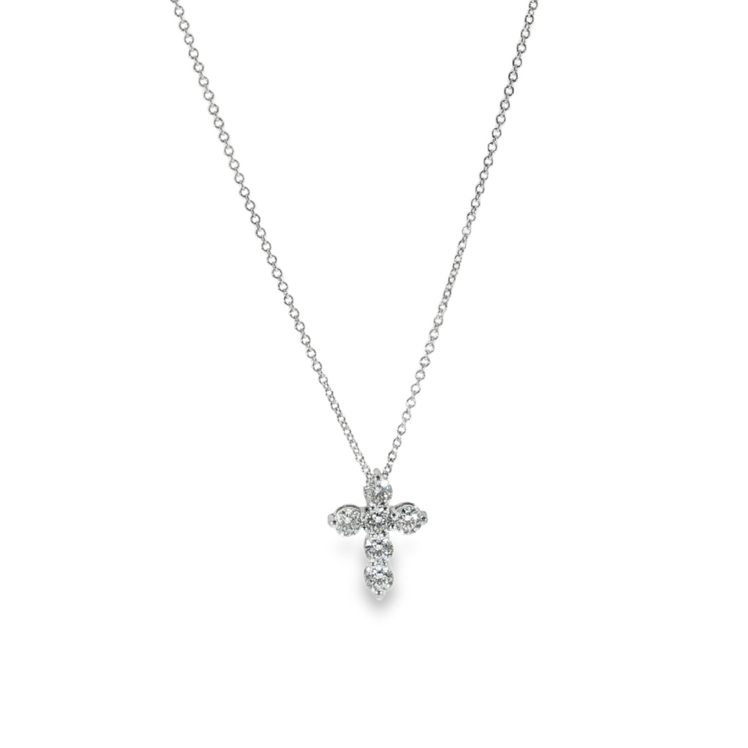 18K White Gold Diamond Cross Necklace - 16"