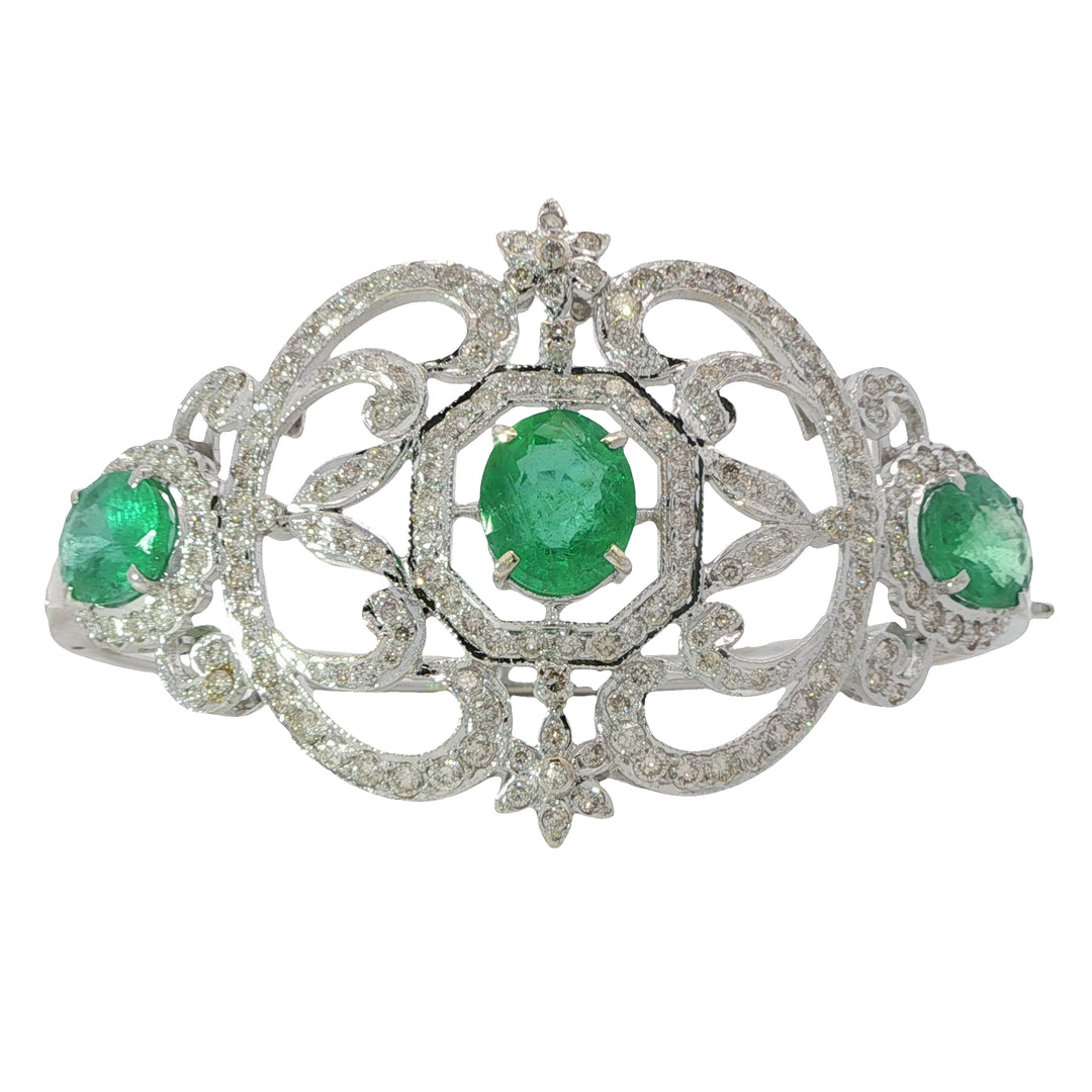 White Gold Bracelet With 3 Oval Cut Emeralds And Pave Diamonds