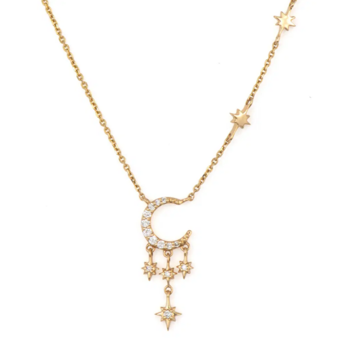 14K Yellow Gold Night Sky Moon And Stars Delicate Necklace - 18"