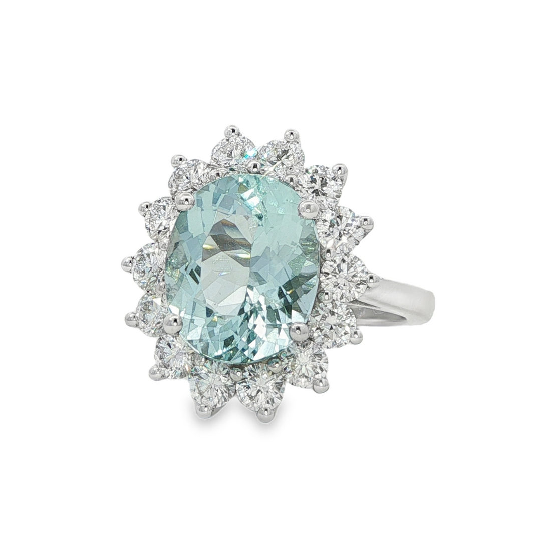 14K White Gold Ring With Oval Aquamarine Center Stone And Princess Diamond Halo