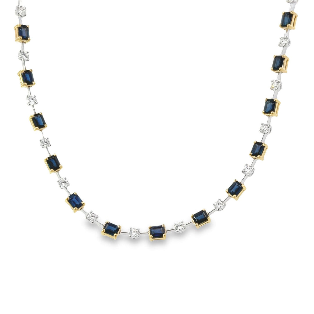 Two Tone Gold Tennis Necklace With Alternating Round Diamonds and Emerald Cut Sapphires