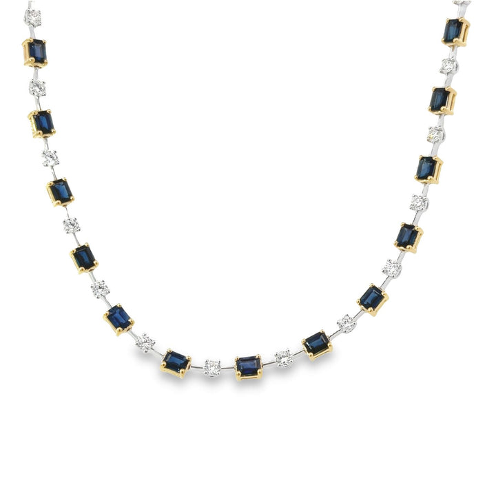 Two Tone Gold Tennis Necklace With Alternating Round Diamonds and Emerald Cut Sapphires