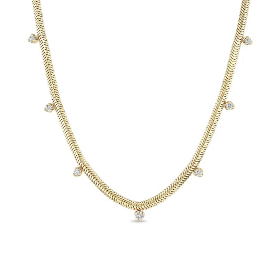 14K Yellow Gold Snake Chain Necklace With Dangling Diamonds - 18"
