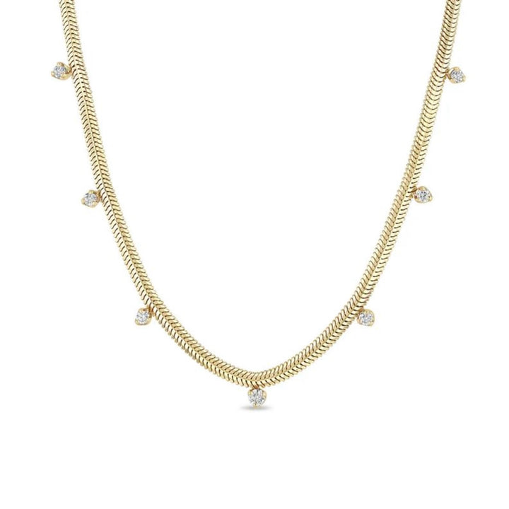 14K Yellow Gold Snake Chain Necklace With Dangling Diamonds - 18"