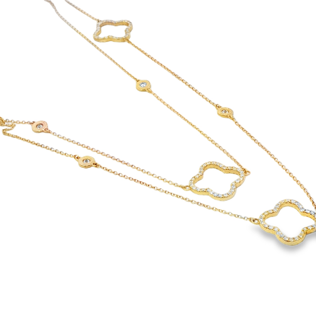 Yellow Gold Station Chain Necklace With 4 Double Sided Diamond Clovers and 6 Bezel Set Round Diamonds - 36"