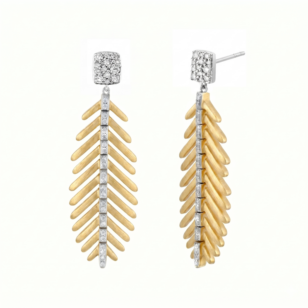 Sterling Silver Feather Earrings With Pave Diamonds