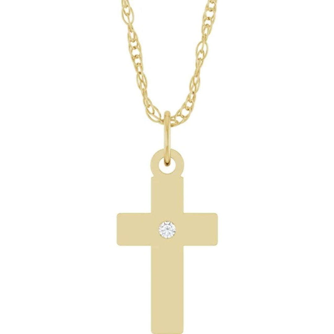 14K Yellow Gold Cross Necklace With A Single Diamond - 18"